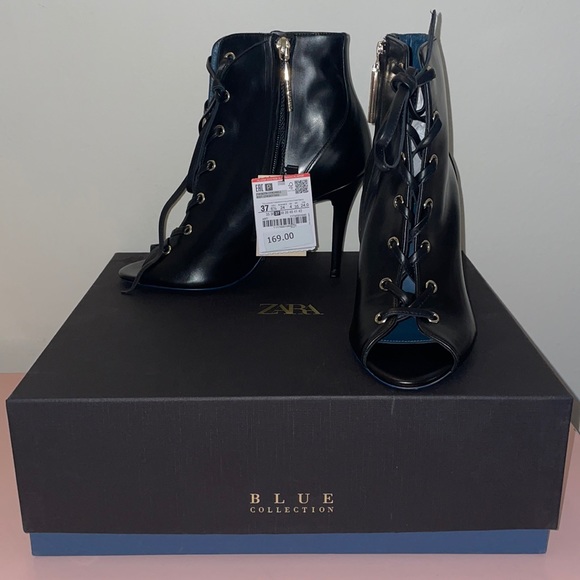 Zara Black Leather LaceUp bootie open-toe Stiletto - Picture 3 of 10